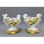 A pair of Moore Bros white glazed porcelains posy vases, floral encrusted, 16cm (2)
