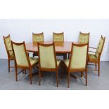 G-Plan teak dining table with one leaf, 173 x 73 x 121cm, together with a set of eight high back