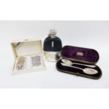 Victorian Epns and leather covered glass hip flask, a pair of berry spoons and set of six