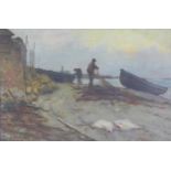 Small oil painting a fishing boat, signed indistinctly and framed under glass, 29 x 19cm