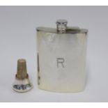 Silver hip flask, Sheffield 1977, with twist and hinge cover, engraved monogram 'R' to front, 15cm
