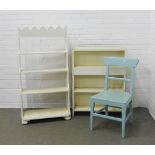 Two white painted bookcases, taller 65 x 127, together with a blue painted chair (3)