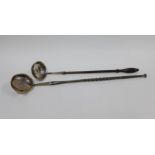 Georgian baleen handled toddy ladle, the bowl inset with a 1781 coin and another with a fruit wood