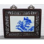 20th century Chinese porcelain blue and white plaque in a stylised wooden frame with faux bronze