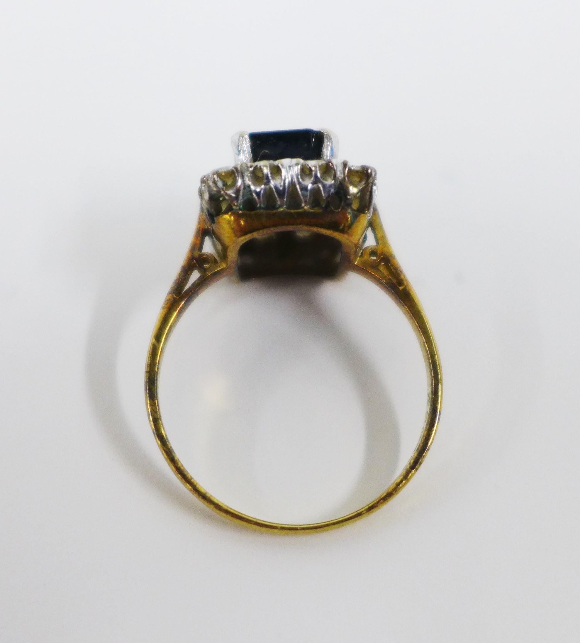 18ct gold sapphire and diamond cocktail ring, claw set with an emerald cut sapphire within a - Image 4 of 4