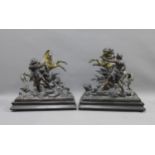 A pair of spelter and brass Marley horse style figures on rectangular wooden plinths, (a/f) 37 x