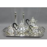 Art Deco style Epns tea and coffee set with matching tray and pair of candlesticks, (7)