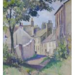 Watercolour of a village lane, apparently unsigned, framed under glass, 26 x 29cm