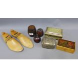 Mixed lot to include a pair of vintage wooden shoe lasts, various wooden boxes, hardwood fruit and