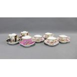 Collection of Dresden Helena Wolfson style porcelain cups and saucers, harlequin colours with