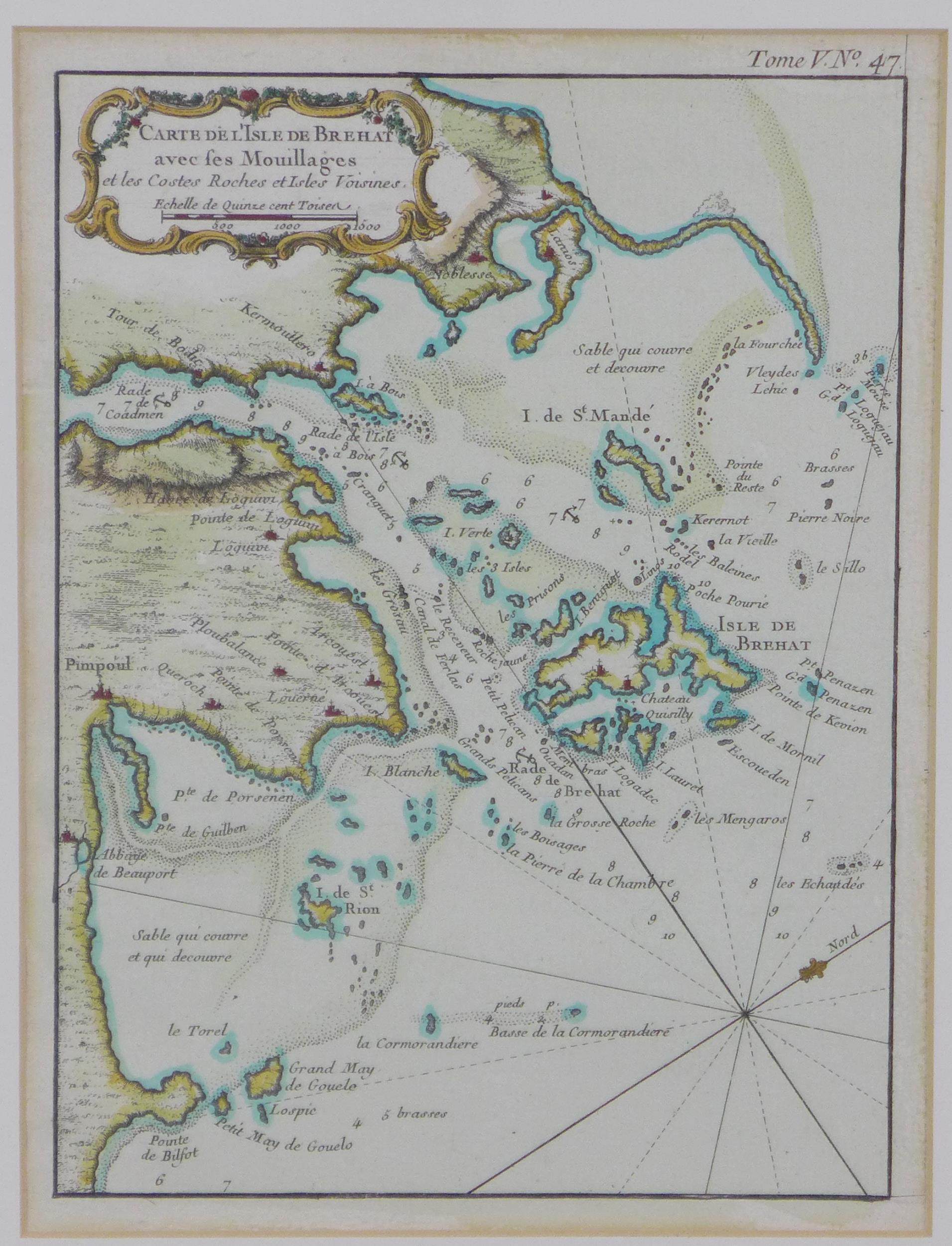 Isle de Brehad, After Bellin, a coloured map, framed under glass, 18 x 23cm