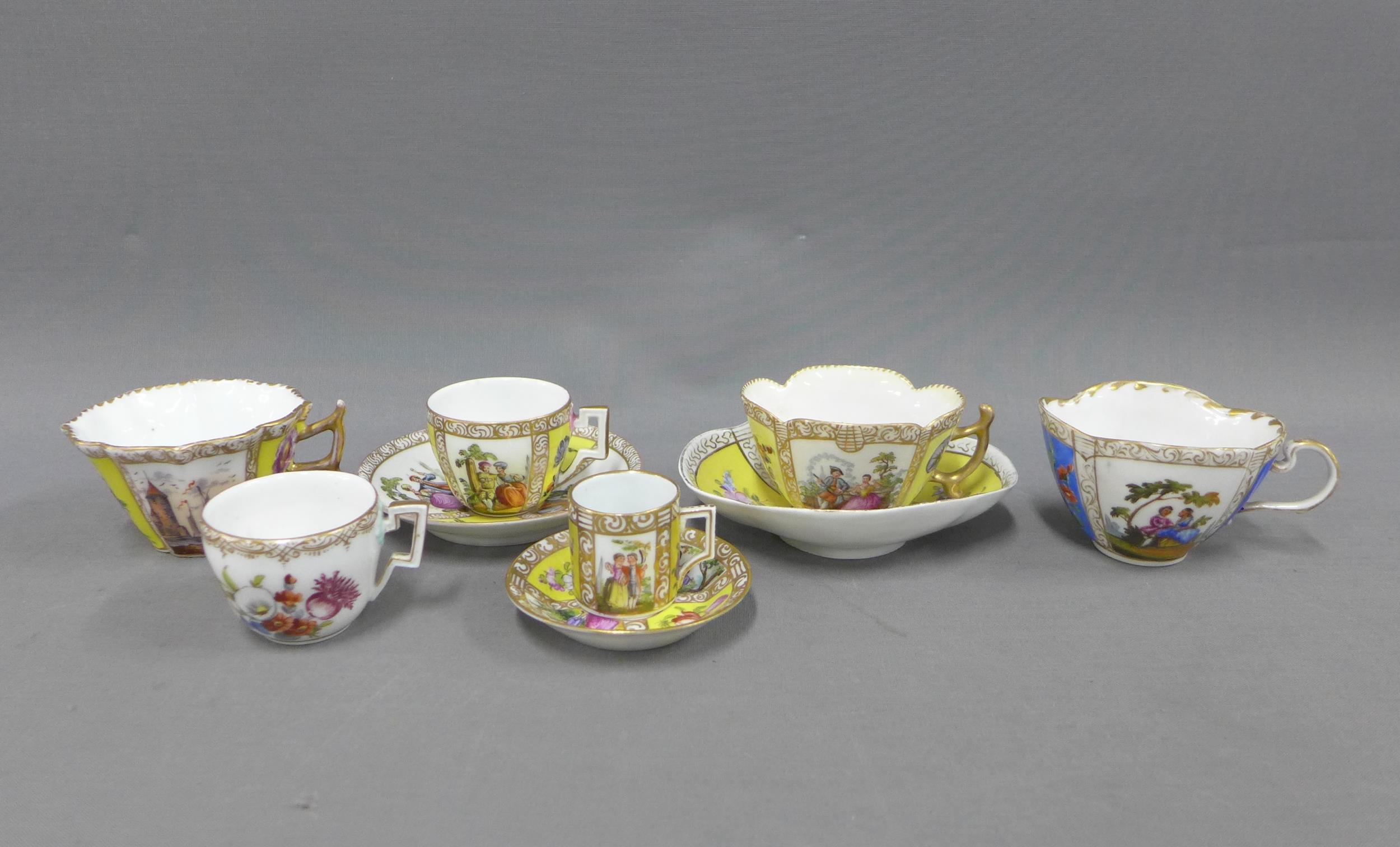 Collection of Meissen and Dresden porcelain cabinet cups and saucers, ( 9)