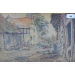 A R Smith, watercolour of a village and figures, signed and framed under glass, 37 x 24cm