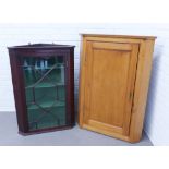 19th century mahogany corner cabinet with glazed door and green painted shelved interior, together