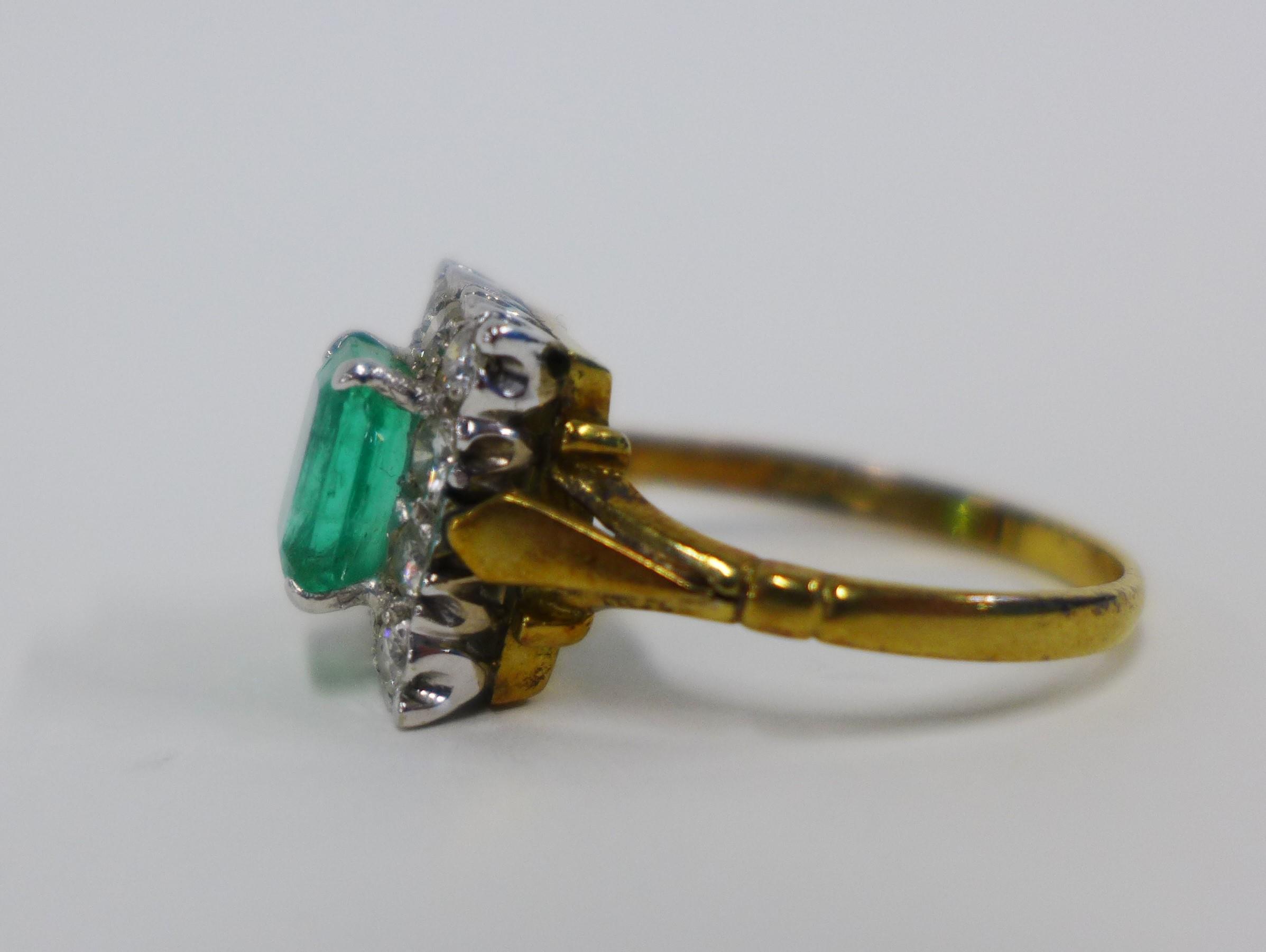 18ct gold emerald and diamond cocktail ring, claw set with a step cut emerald within a surround of - Image 3 of 4