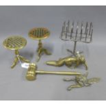 A collection of brassware to include a gavel, fox, two miniature games tables, etc and an Epns