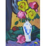 Orr, a still life oil on board depicting pink and yellow flowers in a blue and white vase, signed