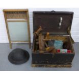 Pine tool box containing a quantity of vintage tools, 'The Queen' wash board, tin helmet, etc (a