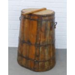 Tapering oval barrel with lid, handles, and hooks on the back, 54 x 74 x 38cm Inc. handles