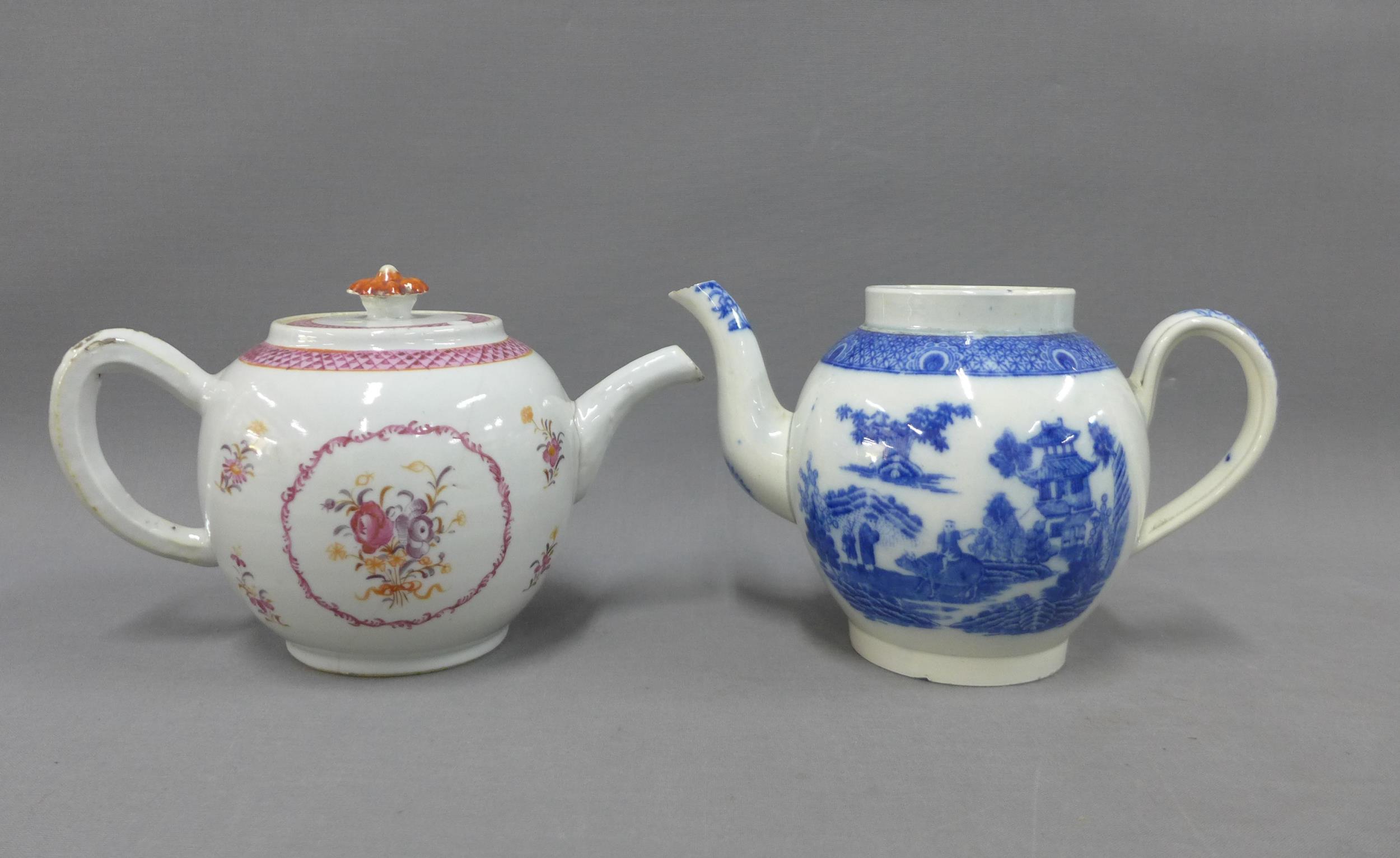 18th century Chinese famille rose teapot and an English pearlware blue and white teapot, Continental - Image 2 of 3