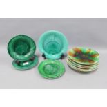 Collection of Victorian green glazed pottery to include leaf moulded plates and shell shaped