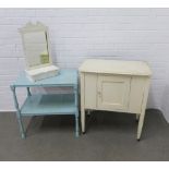 White painted wash stand, 69 x 78cm, together with a blue painted two-tier whatnot, 64 x 64cm, and a