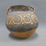 Neolithic style terracotta vase with black painted pattern, 17cm