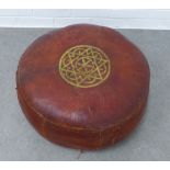 Vintage red leather pouffe, 59 x 27cm
