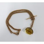 9ct gold Albert watch chain with 9ct gold T bar and a citrine fob, chain and T-bar approx. 35g