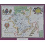 After Saxton, a hand coloured reproduction map of Worcestershire, framed under glass , size