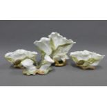 Moore Bros white glazed and floral encrusted porcelain garniture with printed factory marks and