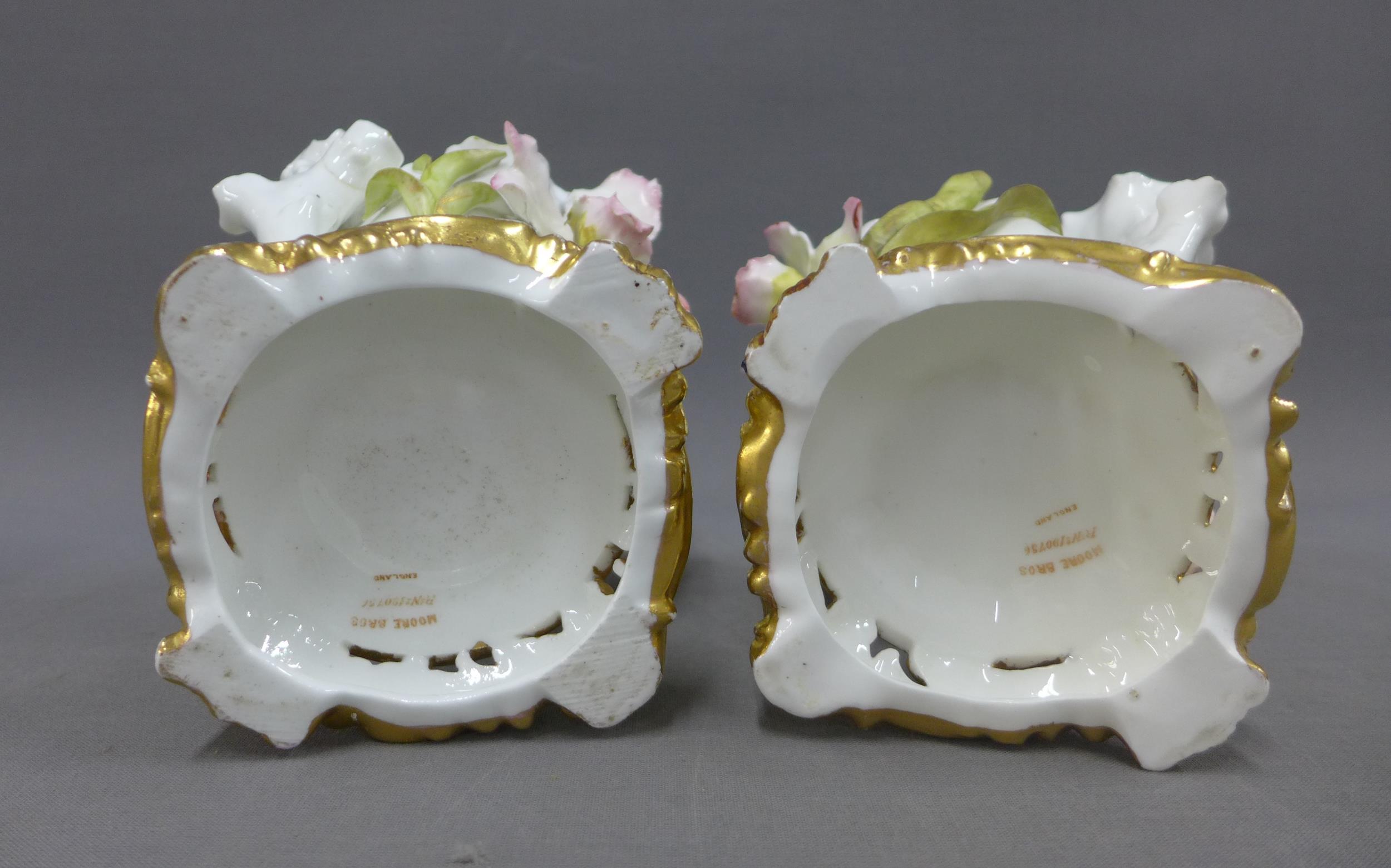 A pair of Moore Bros white glazed porcelains posy vases, floral encrusted, 16cm (2) - Image 3 of 3