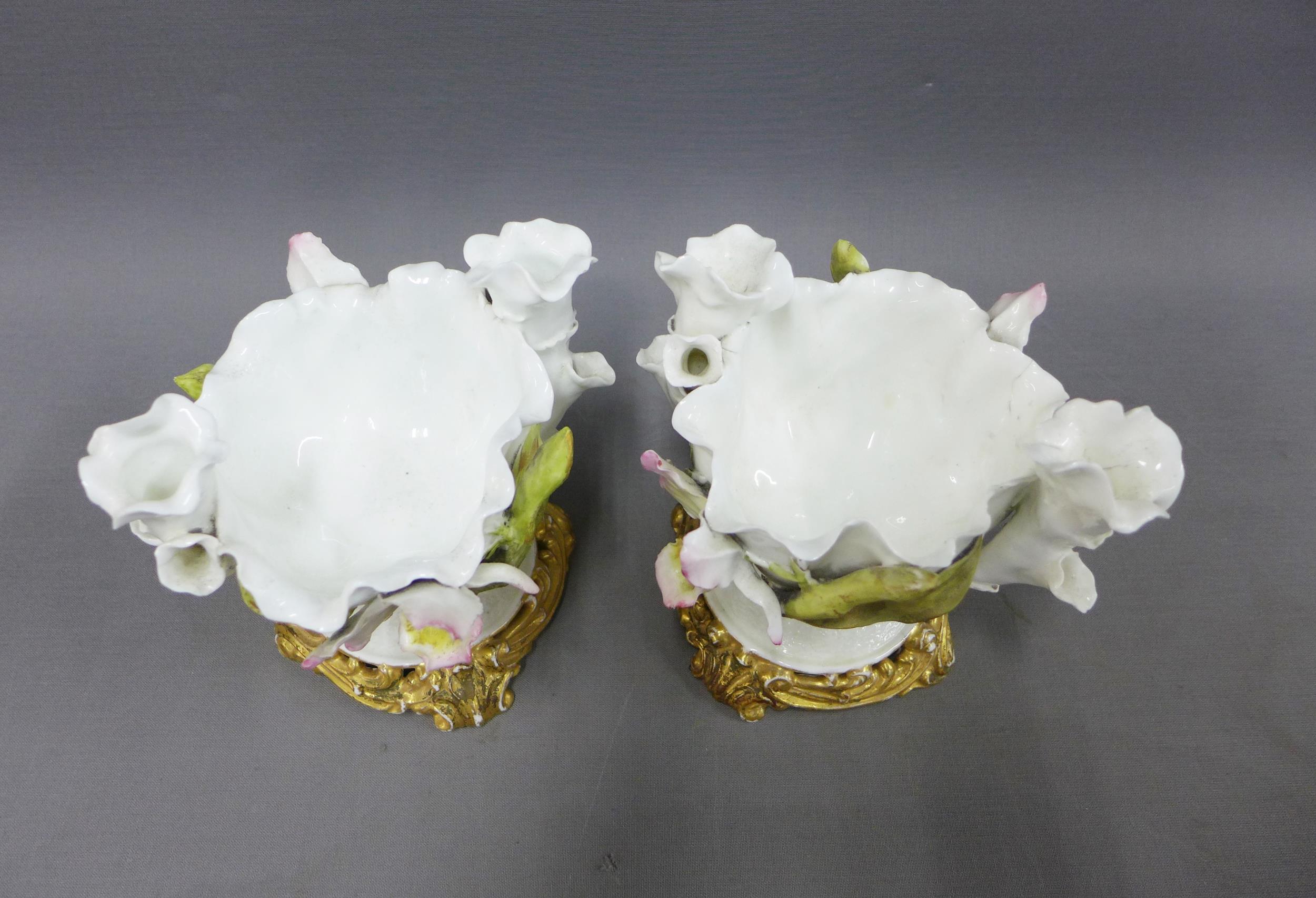 A pair of Moore Bros white glazed porcelains posy vases, floral encrusted, 16cm (2) - Image 2 of 3