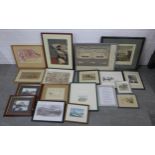 Collection of framed prints and other artwork to include Japanese prints, Gillon print of a Rhino
