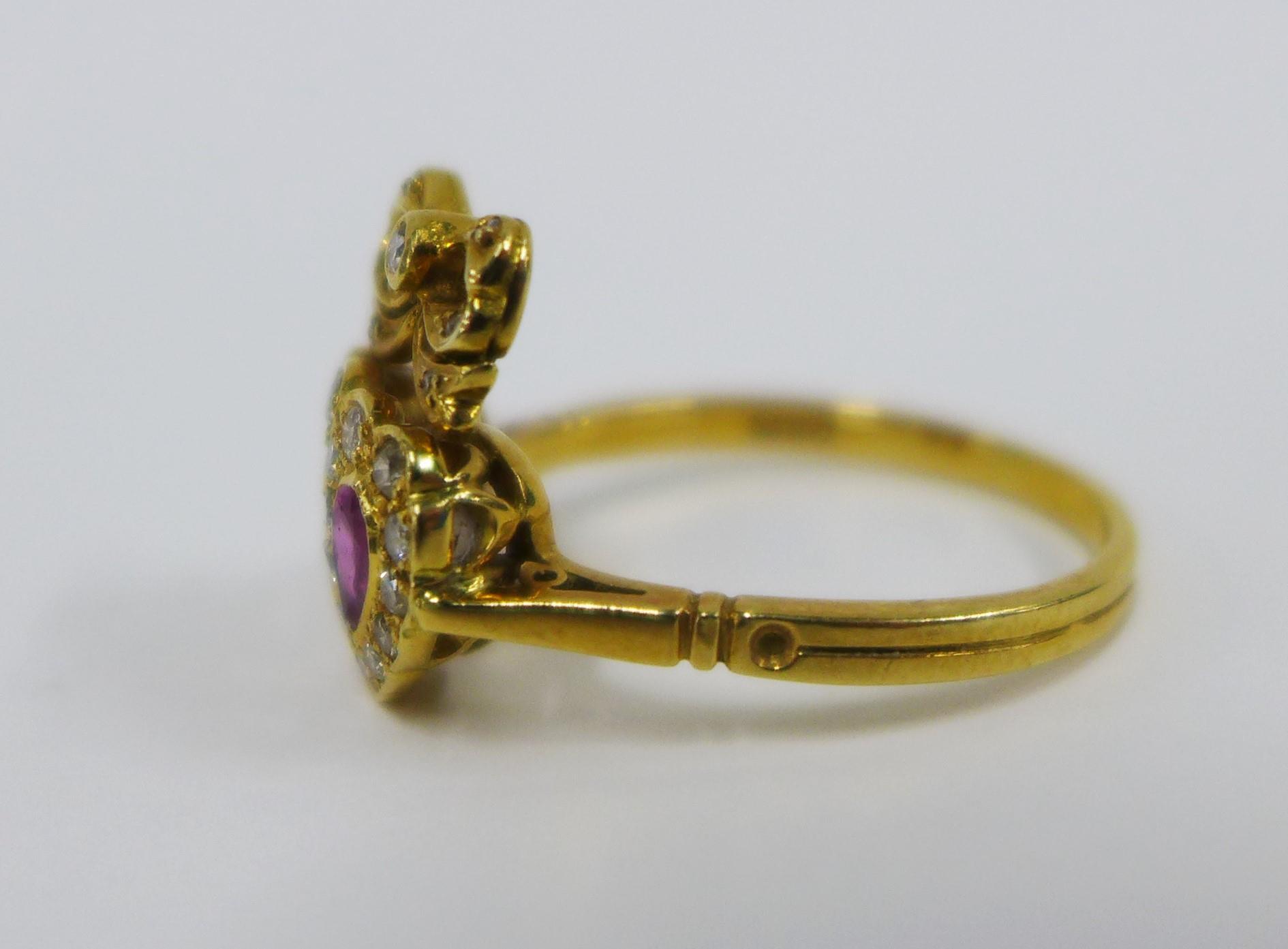 18ct gold ruby and diamond ring with a double heart and ribbon bow setting, London 1978 - Image 3 of 4