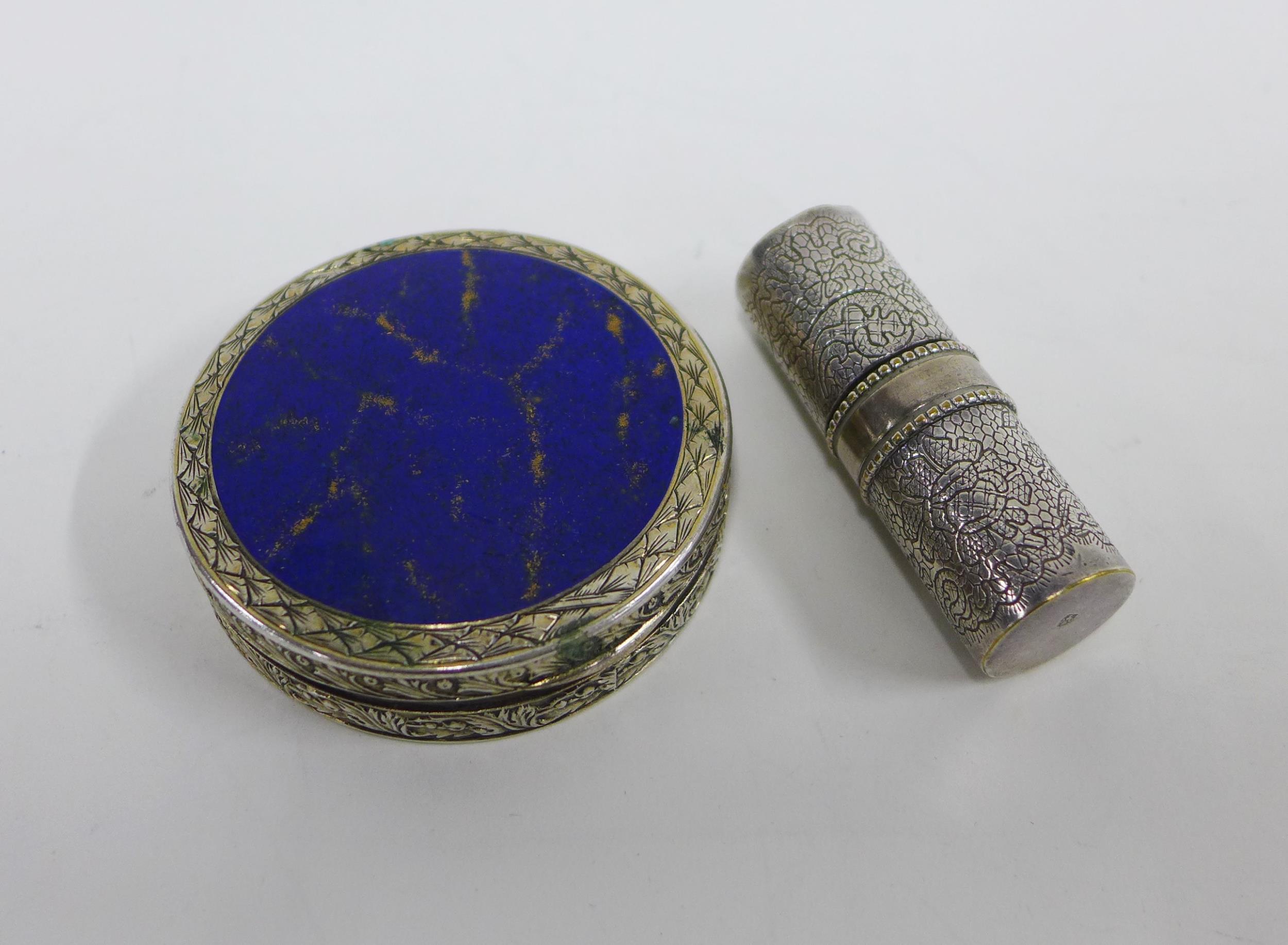 1950s Marcel Rochas of Paris silver lipstick compact and a German silver powder compact with a lapis