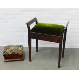 Green upholstered piano stool, 55 x 61, together with a small upholstered footstool (2)