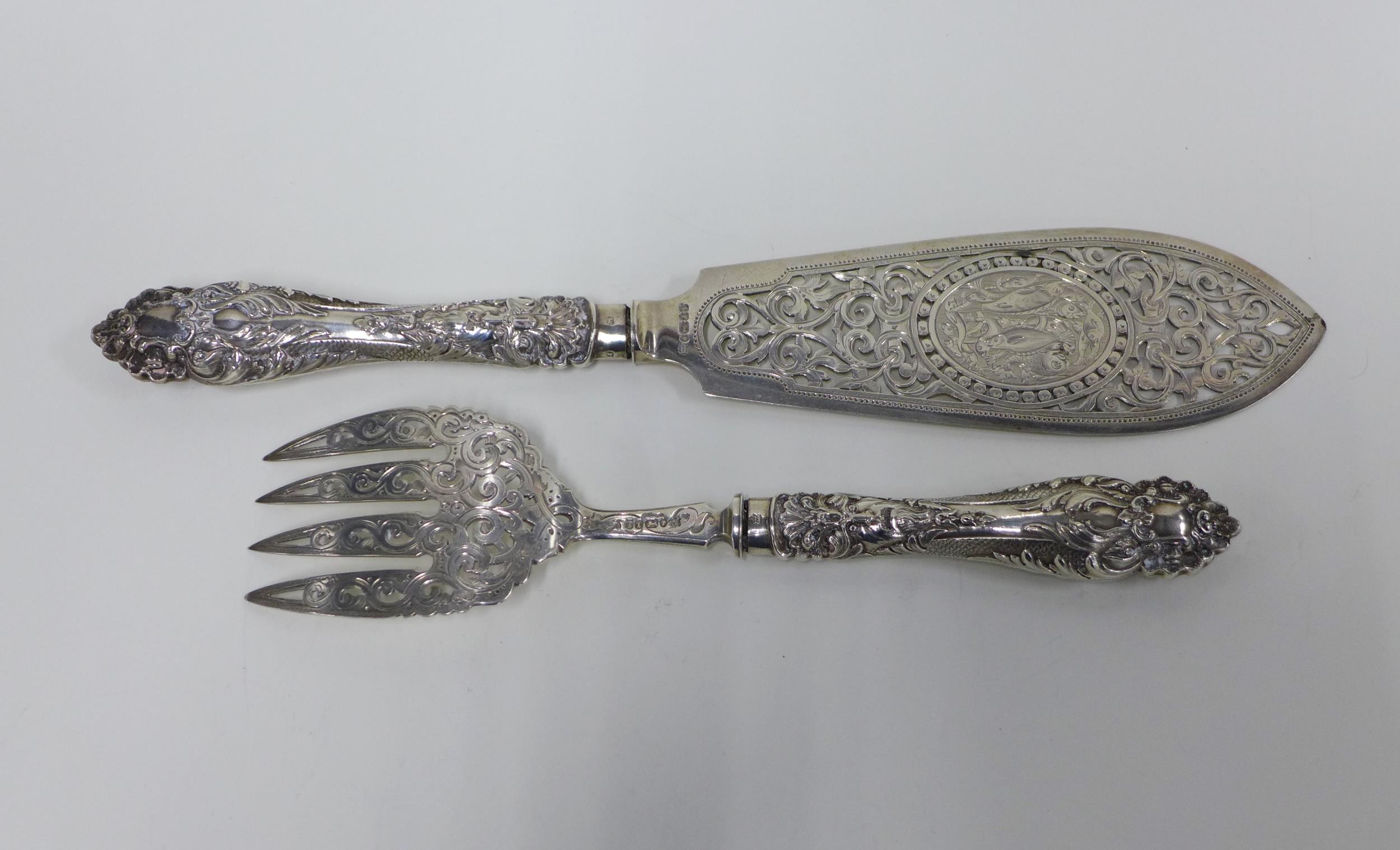 Victorian silver fish servers, Martin Hall & Co, Sheffield 1861, 36cm (2) - Image 3 of 5