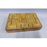 Eastern inlaid wooden box with rectangular hinged lid and fabric lined interior, 29 x 19cm