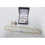 A pair of 9ct gold mabe pearl earrings and matching pendant, two pairs of 9ct gold earrings, costume