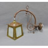 Brass and copper wall lantern light with glass panels, 40cm long