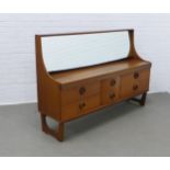 Vintage teak dressing table, mirror back with six drawers and stylised supports, 165 x 113 x 44cm