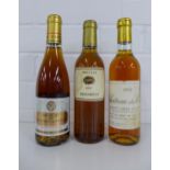 Three bottles of dessert wine, Muscat de Beaumes de Venise, Chateau des Cours 1992, and Dindarello