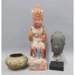 Bronze Buddha head on a plinth and an Eastern bronze bowl and wooden painted figure of Rana -