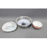 Collection of Japanese porcelain to include two bowls and a plate with a folded over edge, (3)