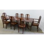 Mahogany twin pedestal dining table with two leaves, 243 (extended) or 158 (no leaves) x 73 x 107cm,