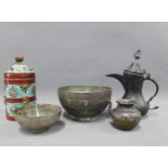 Collection of Eastern metal wares to include a Parsee food bowl, Indian bronze water dropper,