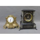 Black slate mantel clock, Henry Marc Paris, 28cm and gilt metal clock, Rollin a Paris (a/f) (2)