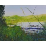 Contemporary School, Riverside Landscape, signed indistinctly and framed under glass, 45 x 35cm
