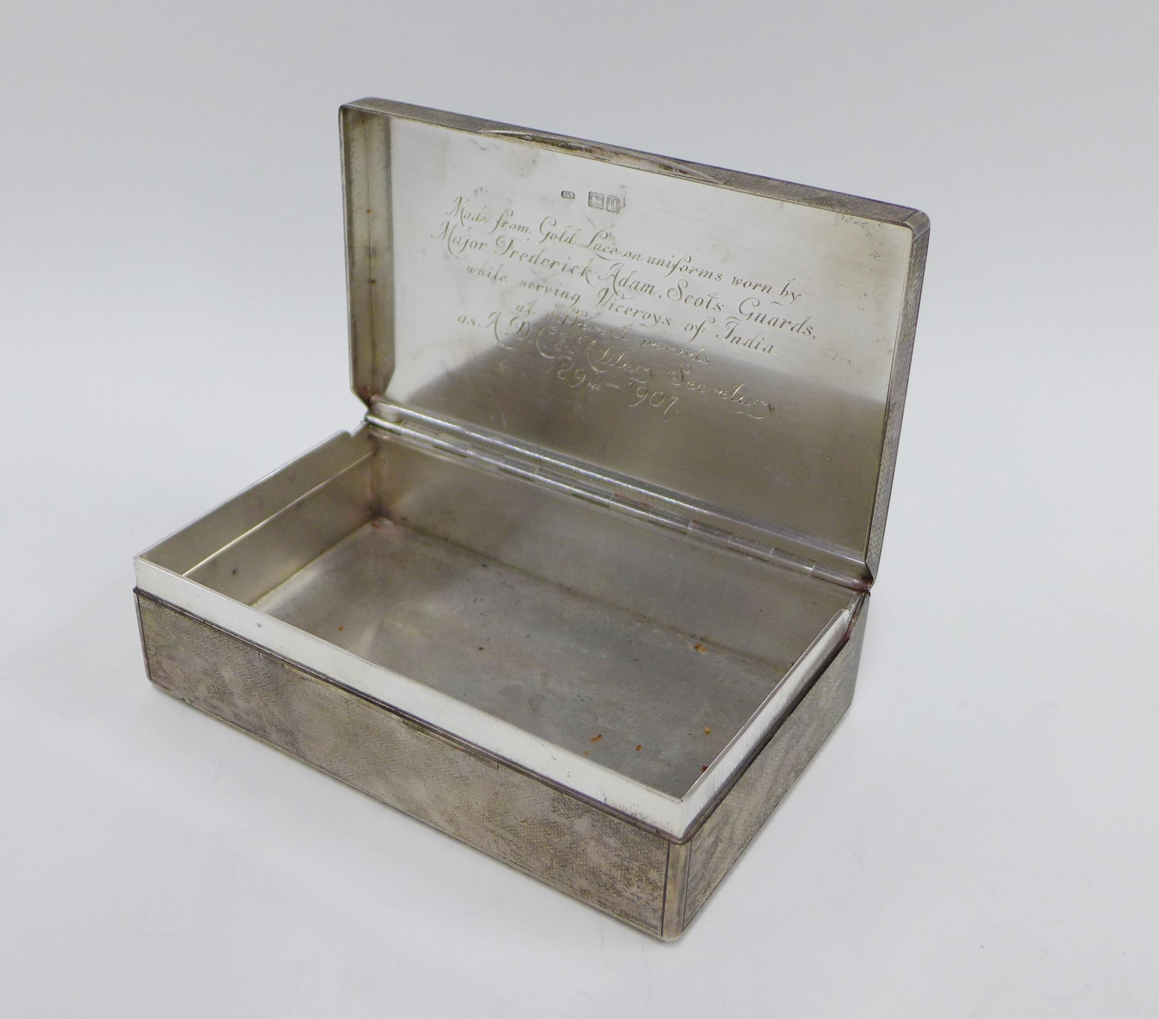 George V Scots Guards silver table cigarette box, with engine turned decoration and laurel leaf - Image 3 of 5